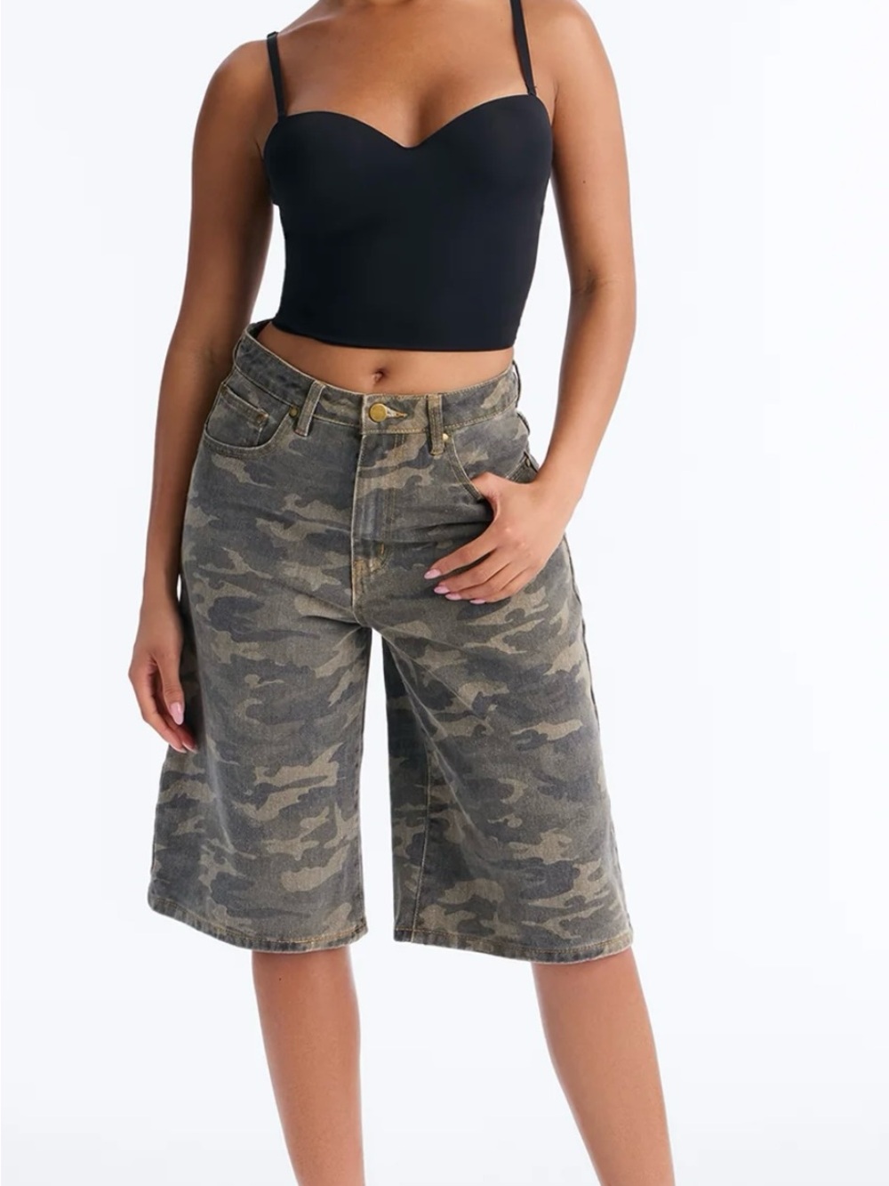 Fashion Nova Green and Gray Camo Denim Shorts